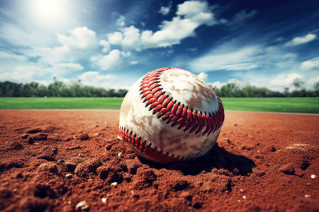 Worn baseball resting on the dirt of a sunny baseball fieldの素材