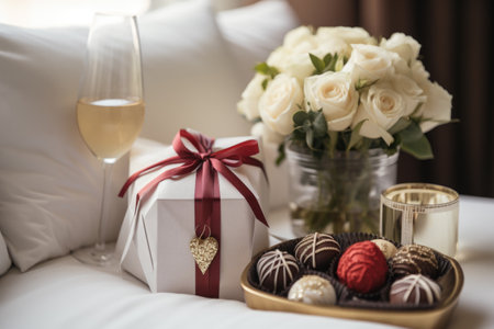 Gift box, wine, and roses set the scene for a romantic celebrationの素材