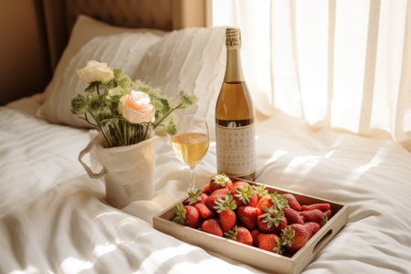 Romantic breakfast in bed with strawberries, champagne and flowers in vase.の素材