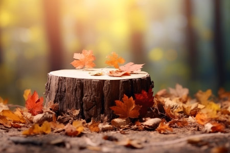 A tree stump amid colorful autumn leavesの素材