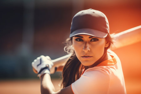 Portrait of beautiful young woman baseball player on the baseball field.の素材