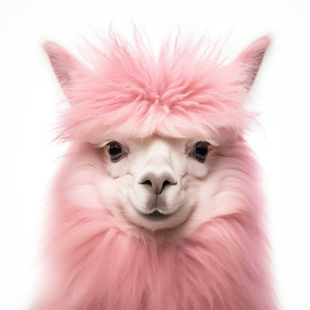 A pink alpaca with a fluffy coat looks directly at the camera against a white backgroundの素材