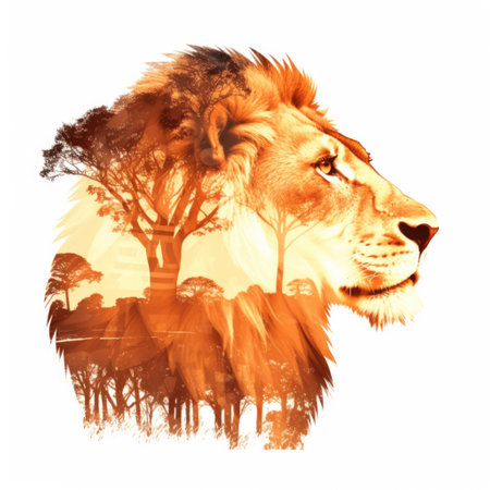 A double exposure image merges the profile of a lion with an African savannah sceneの素材