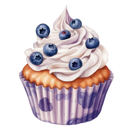 A delightful illustration of a vanilla cupcake topped with whipped cream and fresh blueberriesの素材