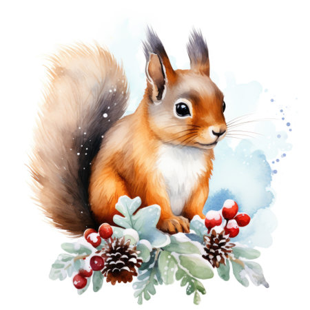 A squirrel with winter foliage in watercolor styleの素材