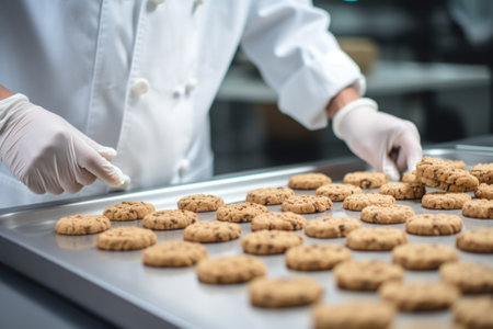 Pastry Chef Inspects Freshly Baked Cookies, Focus on Quality and Detail.の素材