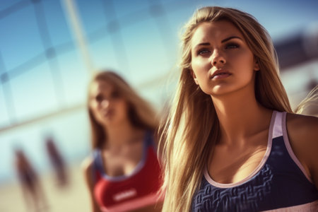 Focused Athletes at Beach Volleyball Match. Determination in Sport.の素材