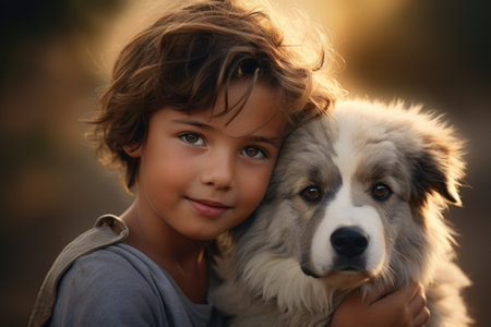 Young Boy Embraces Beloved Dog.の素材