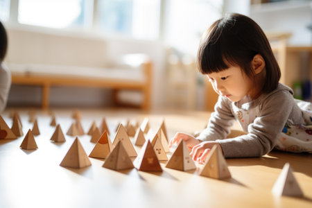 Young Child Engaged in Educational Play Arranging Wooden Blocks on a Sunny Dayの素材