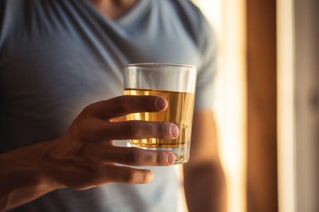 Man Holding a Glass of Urine at Home.の素材