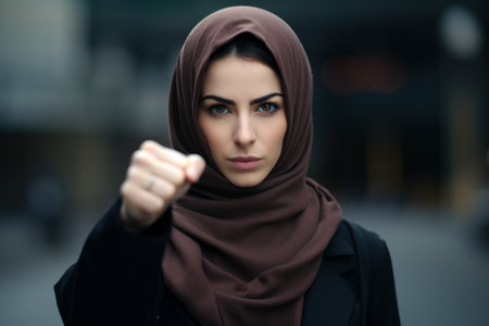 Confident Muslim Woman Pointing Forward in the City.の素材