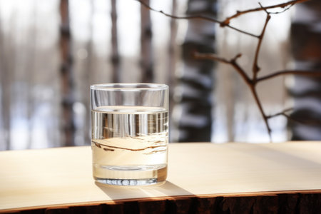 A hand presents a clear glass of birch sap against a backdrop of snowy birch treesの素材