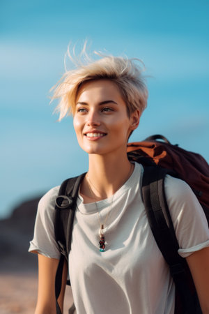 Happy Young Adventurer with Backpack and Short Blonde Hair.の素材
