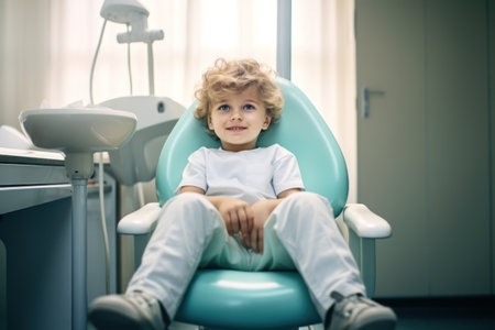 Smiling Young Boy Sitting Comfortably in Dentist's Chair.の素材