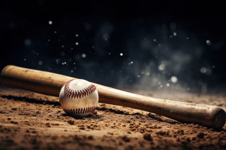 A worn baseball and wooden bat on a sandy baseball pitch, with dust particles in the airの素材