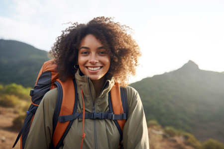 Smiling Female Hiker Enjoying Mountain Trek.の素材