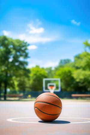 Basketball on Court with Hoop in Sunny Park.の素材