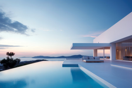Contemporary villa with a sleek infinity pool overlooking a serene seascape at duskの素材