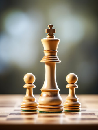 A king chess piece flanked by two pawns on a boardの素材