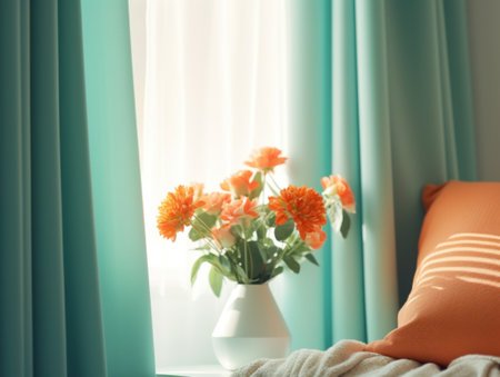 Fresh orange flowers in a white vase placed on a window sill, basking in the warm, natural sunlight with turquoise curtainsの素材
