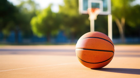 Sunlit Basketball on Outdoor Court at Sunset.の素材