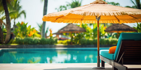 Tropical resort pool with straw umbrella and lounge chairの素材
