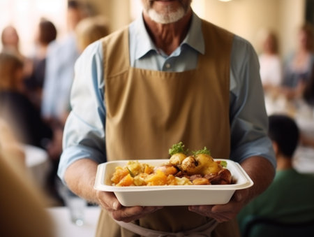 Unrecognizable volunteer holding a plate of baked potatoes and vegetables.の素材