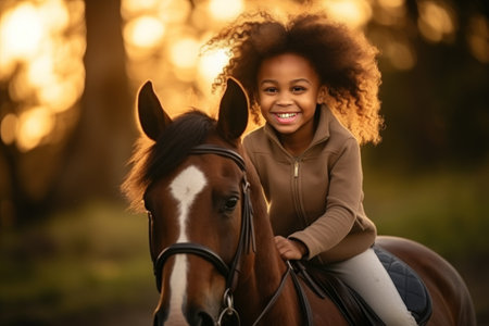Smiling girl with curly hair horseback riding at duskの素材