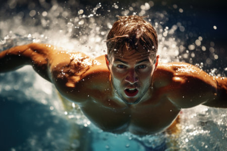 Determined swimmer mid-stroke in pool, water splashing aroundの素材