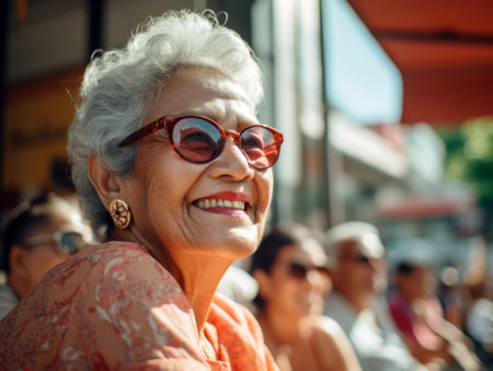 Elderly lady in sunglasses with a joyful smile outdoors.の素材