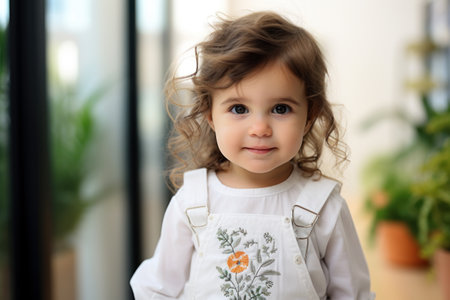 Cheerful toddler with curly hair wearing white embroidered overalls, indoors with natural lightの素材