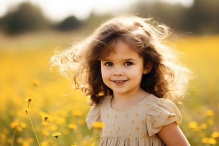 Young girl with a radiant smile in a field of yellow flowers.の素材