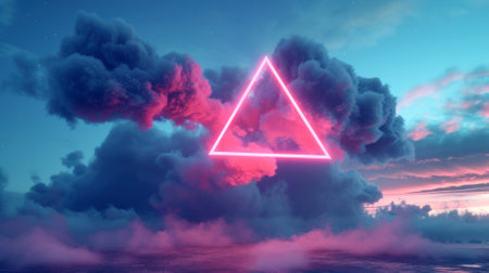 A vibrant neon triangle illuminates a dreamlike cloudscape over serene waters at duskの素材