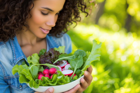 Young African American Woman Enjoying Fresh Salad Outdoorsの素材