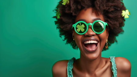 Happy African American young woman smiling and fun celebrating St. Patrick Dayの素材