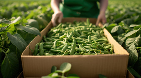 Close-up of a box full of fresh green beans held by a farmerの素材
