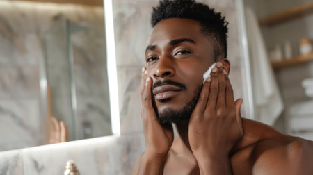 Young Man Applying Moisturizer in a Self-Care Routineの素材