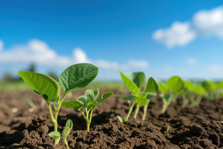 Young Soybean Plants Sprouting in Fertile Farm Soil Under Blue Skyの素材