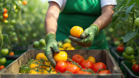 Farmer Collecting Ripe Tomatoes in Greenhouse for Marketの素材