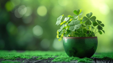 Potted shamrocks flourishing in a green ceramic pot, symbolizing growth and good luckの素材