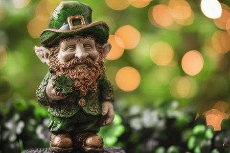 A festive leprechaun statuette holding a four-leaf cloverの素材