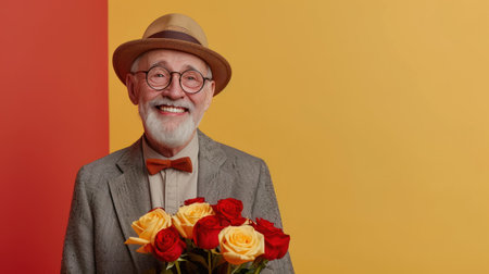 Joyful Senior Man with Bouquet of Rosesの素材