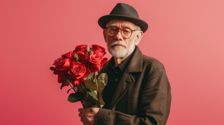 Elegant Senior Gentleman with Stylish Hat Holding Red Rosesの素材