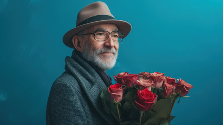Elegant Senior Man with Bouquet of Rosesの素材