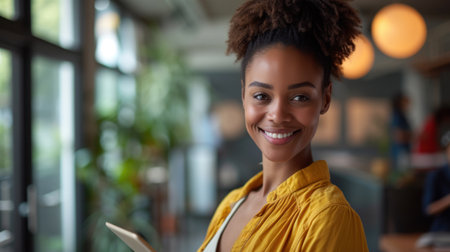 Portrait of smiling African American businesswoman using tablet in officeの素材
