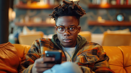 Stylish young man with glasses on smartphone in a cozy interior.の素材