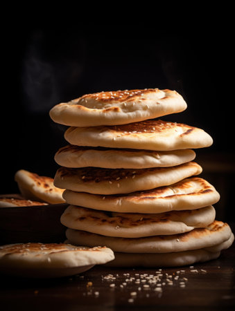 Steam rises from a tall stack of traditional Lebanese Ka'ak bread sprinkled with sesame seeds, against a dark backgroundの素材