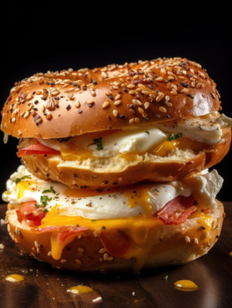 Close-up of a sesame seed New York bagel sandwich with poached egg and melted cheeseの素材