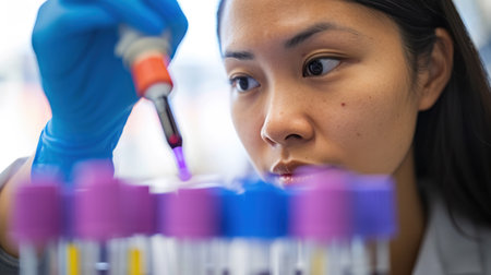 Focused scientist using a pipette in a lab settingの素材
