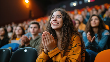 Joyful Young Woman Applauding at a Live Performance in Theaterの素材